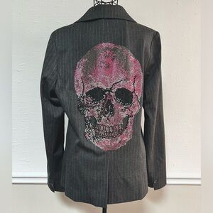 Hipchik Couture Pink Skull Charcoal Gray Pinstriped Jacket